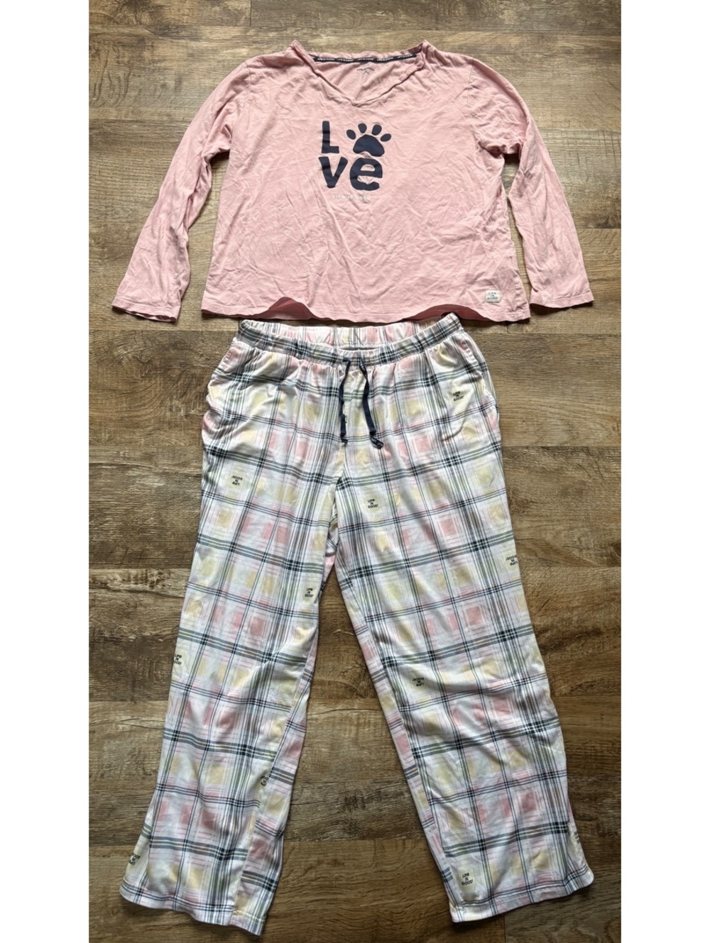 Life is Good Women's XL Pink Long Sleeve Sleep Shirt and Plaid Pajama Pants Set